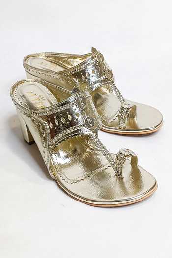 Shop_The Alter_Gold Cut Work Design Kolhapuri Block Heels _at_Aza_Fashions
