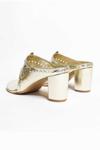 The Alter_Gold Cut Work Design Kolhapuri Block Heels _Online_at_Aza_Fashions