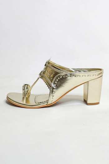 Buy_The Alter_Gold Cut Work Design Kolhapuri Block Heels _Online_at_Aza_Fashions