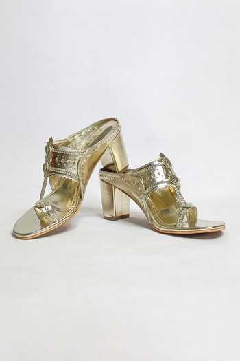 Shop_The Alter_Gold Cut Work Design Kolhapuri Block Heels _Online_at_Aza_Fashions