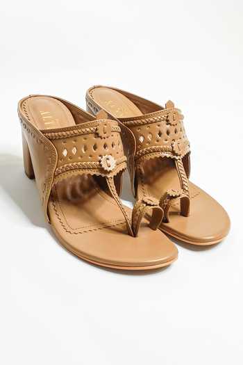 Shop_The Alter_Beige Cut Work Aisha Kolhapuri Block Heels _at_Aza_Fashions