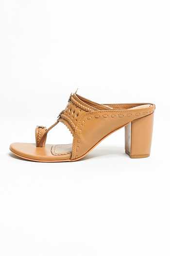 The Alter_Beige Cut Work Aisha Kolhapuri Block Heels _Online_at_Aza_Fashions