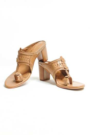 Shop_The Alter_Beige Cut Work Aisha Kolhapuri Block Heels _Online_at_Aza_Fashions