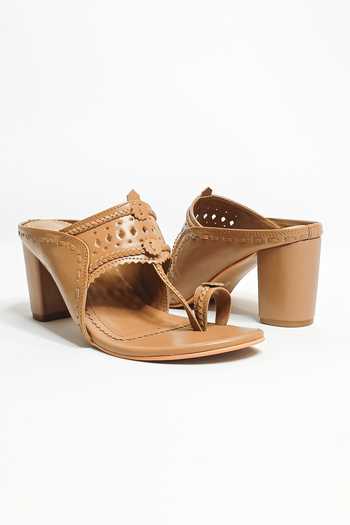 The Alter_Beige Cut Work Aisha Kolhapuri Block Heels _at_Aza_Fashions