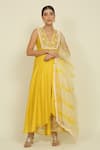 Buy_Priyanka Jain_Yellow Chanderi Embroidery Dori Scallop V Neck Yoke Kurta Palazzo Set _at_Aza_Fashions