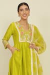 Buy_Priyanka Jain_Green Chanderi Embroidery Dori V Neck Floral Kurta Palazzo Set _Online_at_Aza_Fashions