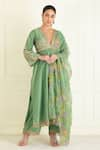 Buy_Priyanka Jain_Green Chanderi Embroidery Aari Plunging V Neck Gullista Anarkali Set _at_Aza_Fashions