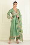 Buy_Priyanka Jain_Green Chanderi Embroidery Aari Plunging V Neck Gullista Anarkali Set _Online_at_Aza_Fashions