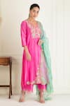 Buy_Priyanka Jain_Pink Chanderi Embroidery Aari V Neck Gardenia Yoke Anarkali Set _Online_at_Aza_Fashions