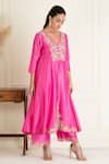 Priyanka Jain_Pink Chanderi Embroidery Aari V Neck Gardenia Yoke Anarkali Set _at_Aza_Fashions