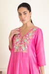 Buy_Priyanka Jain_Pink Chanderi Embroidery Aari V Neck Gardenia Yoke Anarkali Set 