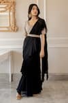 Buy_Paulmi and Harsh_Black Saree Georgette Blouse Cotton Silk Embroidered Floral And Striped With_at_Aza_Fashions