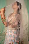 Buy_TUHINA SRIVASTAVA_Pink Tulle Embroidery Resham Deep V Gulbahar Bridal Lehenga Set _Online_at_Aza_Fashions
