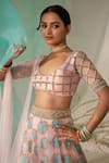 Shop_TUHINA SRIVASTAVA_Pink Tulle Embroidery Resham Deep V Gulbahar Bridal Lehenga Set _at_Aza_Fashions