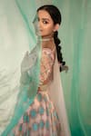 TUHINA SRIVASTAVA_Pink Tulle Embroidery Resham Deep V Gulbahar Bridal Lehenga Set _at_Aza_Fashions