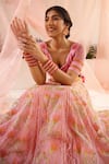 Buy_TUHINA SRIVASTAVA_Pink Tulle Embroidery Resham Mughal Bloom Bridal Lehenga Set 