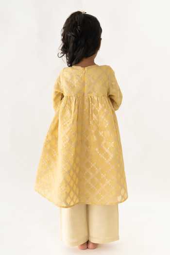 Shop_A Little Fable_Yellow Polyester, Jacquard, Chiffon Tassels Kala Floral Jaal Angrakha Pant Set _at_Aza_Fashions