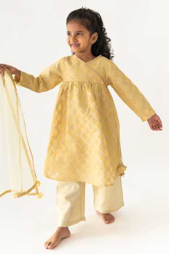 A Little Fable_Yellow Polyester, Jacquard, Chiffon Tassels Kala Floral Jaal Angrakha Pant Set _Online_at_Aza_Fashions