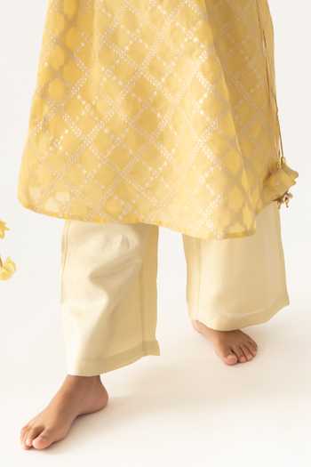 Buy_A Little Fable_Yellow Polyester, Jacquard, Chiffon Tassels Kala Floral Jaal Angrakha Pant Set _Online_at_Aza_Fashions