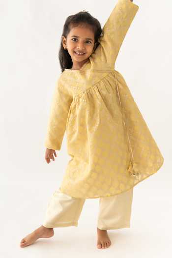 Shop_A Little Fable_Yellow Polyester, Jacquard, Chiffon Tassels Kala Floral Jaal Angrakha Pant Set _Online_at_Aza_Fashions
