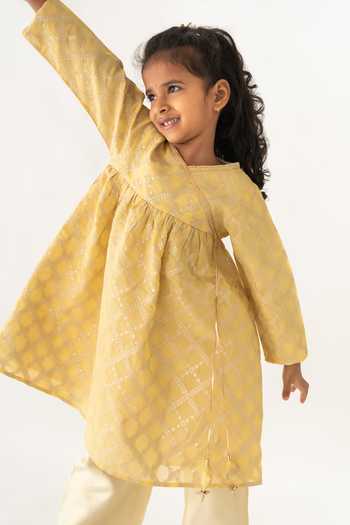 A Little Fable_Yellow Polyester, Jacquard, Chiffon Tassels Kala Floral Jaal Angrakha Pant Set _at_Aza_Fashions