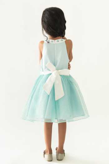 Shop_A Little Fable_Blue Polyester, Cotton Applique, Sequins Stardust Dot Patterned Dress _at_Aza_Fashions