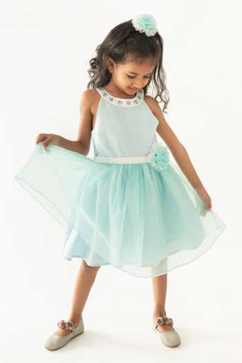 A Little Fable_Blue Polyester, Cotton Applique, Sequins Stardust Dot Patterned Dress _Online_at_Aza_Fashions