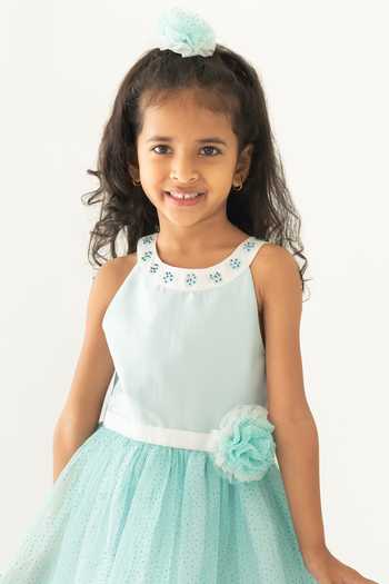 Buy_A Little Fable_Blue Polyester, Cotton Applique, Sequins Stardust Dot Patterned Dress _Online_at_Aza_Fashions
