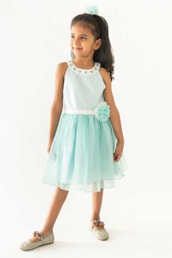 Shop_A Little Fable_Blue Polyester, Cotton Applique, Sequins Stardust Dot Patterned Dress _Online_at_Aza_Fashions