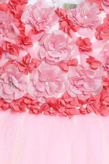 A Little Fable_Pink Net, Taffeta Fabric Flowers 3d Hand Embroidered Floral Dress _Online_at_Aza_Fashions