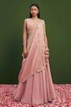 Buy_Vasavi Shah_Pink Tissue Silk Embroidered Zardozi High Neck Lehenga Set With Drape _at_Aza_Fashions