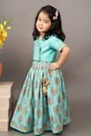 Little Brats_Blue Roman Silk Printed Floral Blouse And Ghagra Set_Online_at_Aza_Fashions