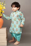 Little Brats_Blue Roman Silk Printed Floral Kurta And Dhoti Pant Set _at_Aza_Fashions