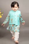 Buy_Little Brats_Aqua Cotton, Silk Embroidery Floral Print Bundi Jacket And Kurta Set _at_Aza_Fashions