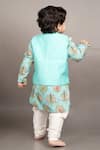 Shop_Little Brats_Aqua Cotton, Silk Embroidery Floral Print Bundi Jacket And Kurta Set _at_Aza_Fashions