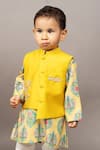 Shop_Little Brats_Yellow Kurta Roman Silk Printed Floral Pattern Bundi Jacket And Set _Online_at_Aza_Fashions