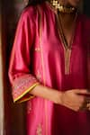 Rajiramniq_Pink Twill Silk Embroidery Dori Mandarin Collar Nadira Floral Butti Kurta Set _Online_at_Aza_Fashions