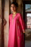 Buy_Rajiramniq_Pink Twill Silk Embroidery Dori Mandarin Collar Nadira Floral Butti Kurta Set _Online_at_Aza_Fashions