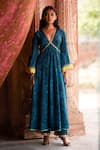 Buy_Rajiramniq_Blue Crepe Printed Botanical Plunge V Neck Nadira Anarkali Set _at_Aza_Fashions