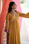 Rajiramniq_Yellow Crepe Printed And Hand Embroidered Forest V Neck Pleated Anarkali Set _at_Aza_Fashions