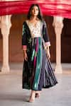 Rajiramniq_Black Crepe Printed And Hand Embroidered Oasis V Neck Anarkali Angarkha Set _Online_at_Aza_Fashions