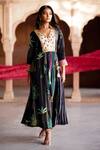 Rajiramniq_Black Crepe Printed And Hand Embroidered Oasis V Neck Anarkali Angarkha Set _at_Aza_Fashions