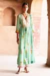 Shop_Rajiramniq_Green Crepe Printed And Hand Embroidered Oasis V Neck Angarkha Palazzo Set _at_Aza_Fashions