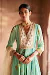 Rajiramniq_Green Crepe Printed And Hand Embroidered Oasis V Neck Angarkha Palazzo Set _Online_at_Aza_Fashions