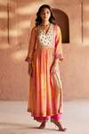 Buy_Rajiramniq_Pink Crepe Printed And Hand Embroidered Oasis V Neck Angarkha & Palazzo Set _at_Aza_Fashions