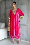 Buy_Rajiramniq_Pink Velvet Hand Embroidered Sequin V Neck Resham Yoke Kaftan With Palazzo _at_Aza_Fashions