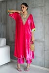 Shop_Rajiramniq_Pink Velvet Hand Embroidered Sequin V Neck Resham Yoke Kaftan With Palazzo _at_Aza_Fashions