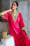 Buy_Rajiramniq_Pink Velvet Hand Embroidered Sequin V Neck Resham Yoke Kaftan With Palazzo _Online_at_Aza_Fashions