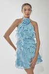 Buy_Deme by Gabriella_Blue Chiffon Halter Neck Ruffle Short Dress _Online_at_Aza_Fashions