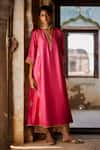 Rajiramniq_Pink Twill Silk Embroidery Dori Mandarin Collar Nadira Floral Butti Kurta Set _at_Aza_Fashions